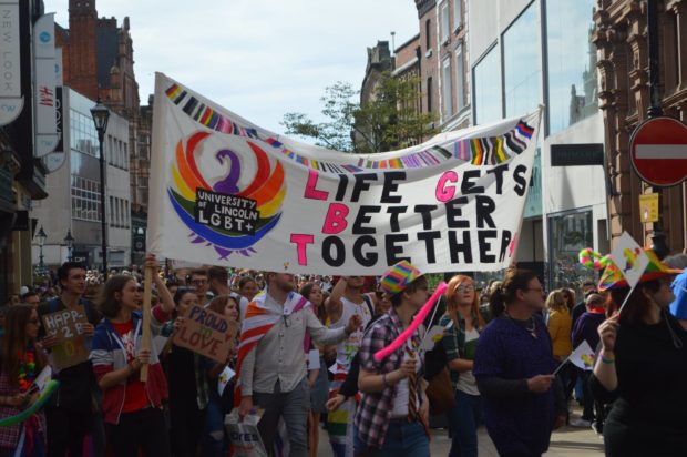 The University of Lincoln's LGBT community were amongst those who took part in the parade. Photo: Max Norstrom