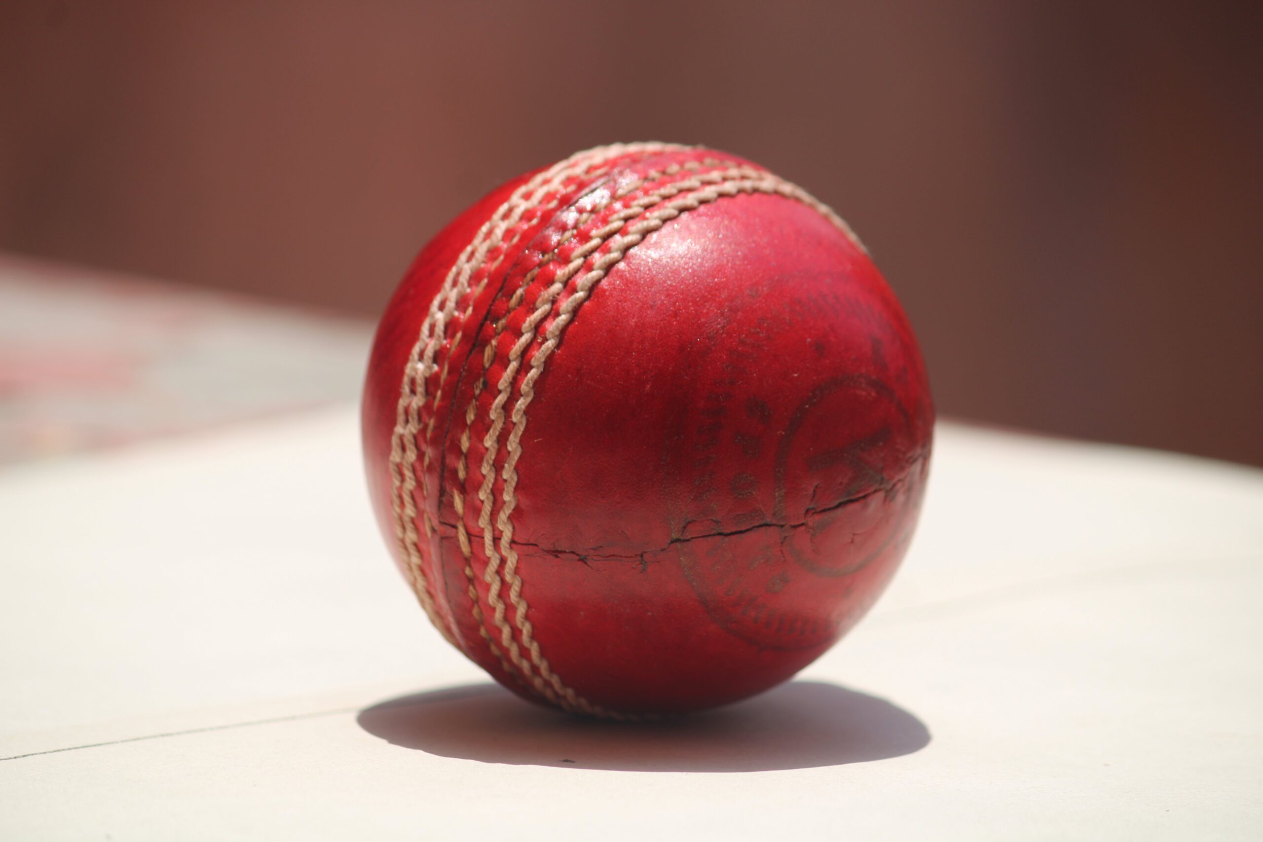 Cricket ball on a wooden bench in Lincolnshire